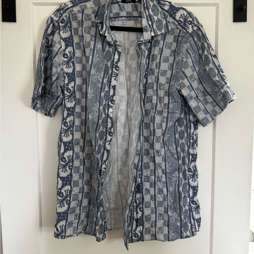 Benson Men's Blue Patterned Casual Button Down Shirt